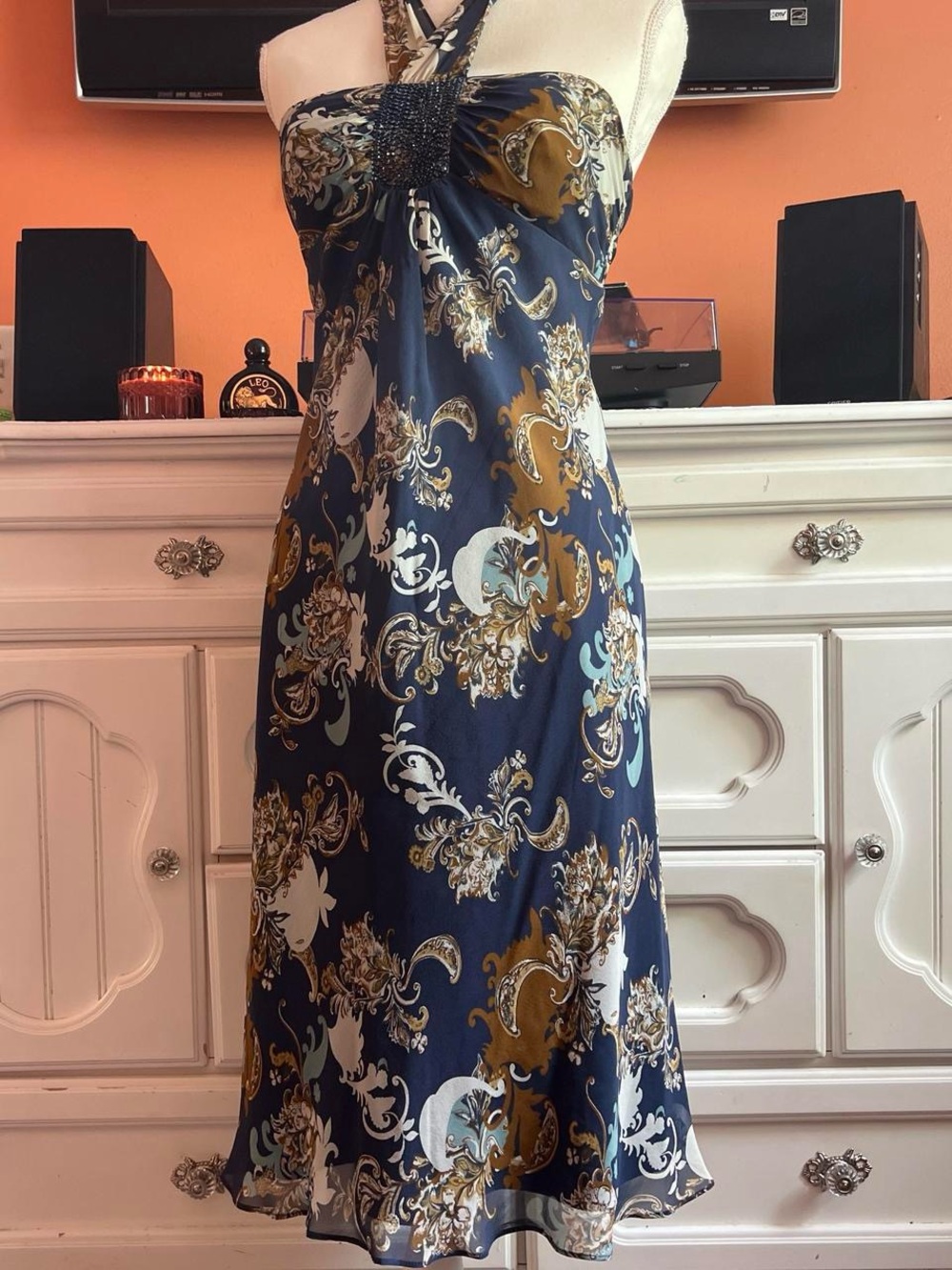 BCBG Strapless Navy Dress with Gold and Cream Paisley Print